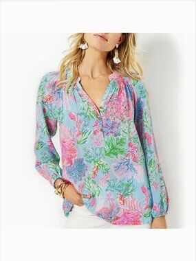 Lilly Pulitzer Elsa Silk Top Blouse L Celestial Blue Cay To My Heart Long Sleeve